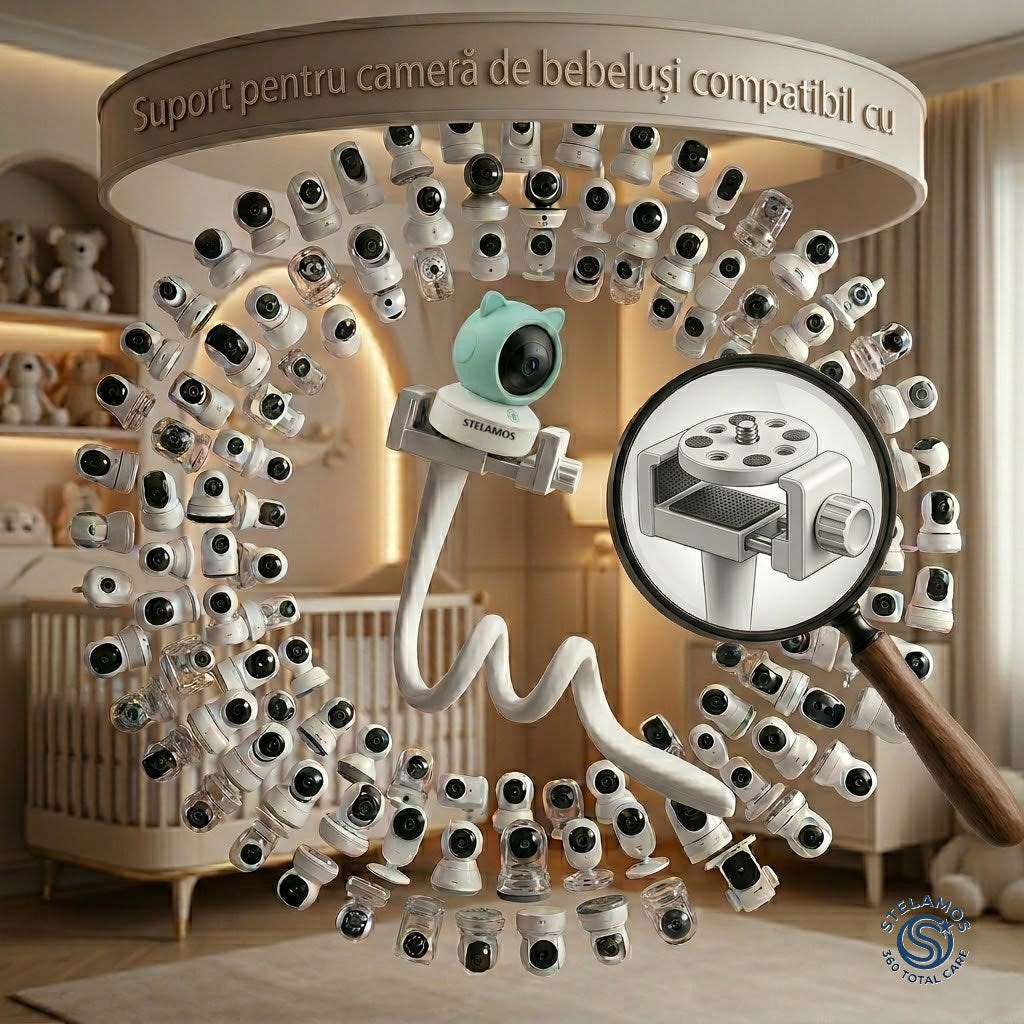 Suport Universal Flexibil pentru Camera Supraveghere, Baby Monitor, Webcam sau Telefon, Reglabil 360°, 42 cm, Montare pe Patut, Birou sau Carucior, Antiderapant, Fara Gaurire, Alb