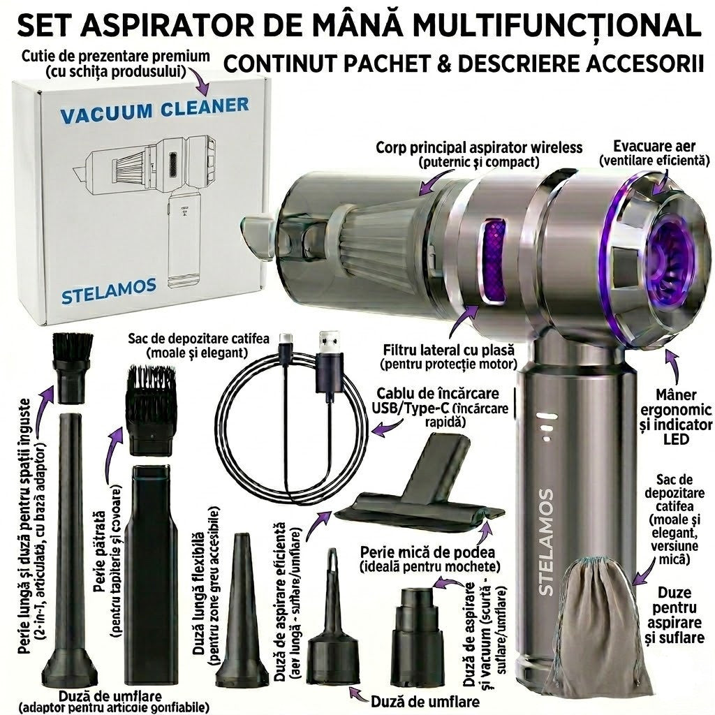 Aspirator de Mana Portabil STELAMOS4 in 1, Wireless, 18000 Pa, Motor Brushless, 100W, 90000 RPM, 3 Viteze, 10 Accesorii, Saculet transport, Suflare, Aspirare, Umflare, Vacuum, Filtru HEPA Autonomie 30 min, Multifunctional pentru Casa, Birou si Auto, Gri