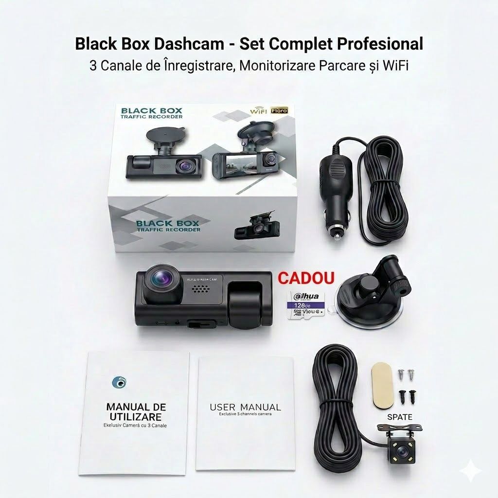 Camera Auto DVR Tripla STELAMOS, 3 Canale, Card 128GB Cadou, Wi-Fi, Aplicatie Viidure, Display IPS, Camera Spate, Habitaclu, Senzor G, Viziune Nocturna, Monitorizare Parcare (Necesita kit optional)