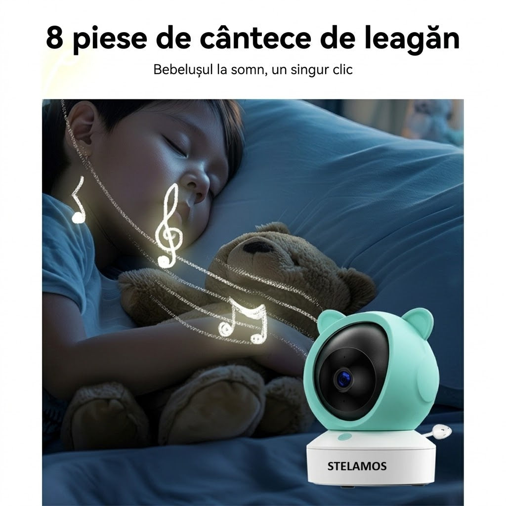 Baby Monitor 2in1 STELAMOS, Multi View, DUO 5", WiFi, Aplicatie Telefon Tuya, Camera Video Bebe, Night Vision, Rotire 355°, 3000mAh, Zoom 4X, Senzori Miscare, Plans, Temperatura, Umiditate, 8 Cantece, Two-Way Audio Bidirectional, Interfon, Apel, Verde/Alb