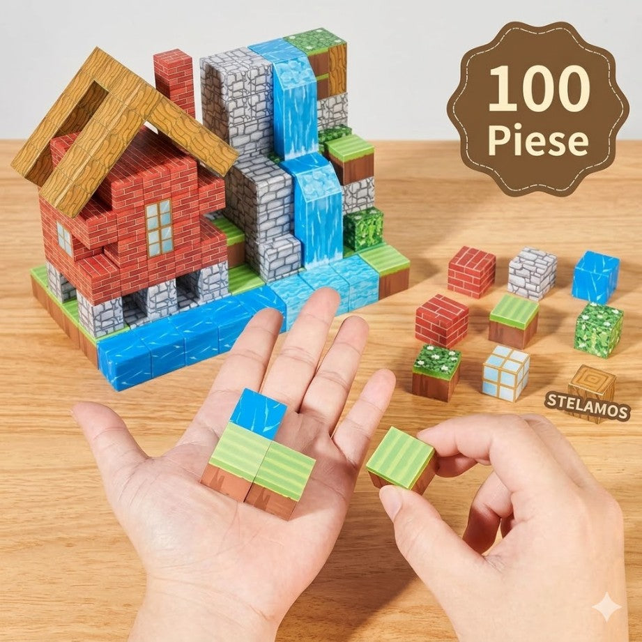 Blocuri Magnetice 100 Piese, STELAMOS, Set De Constructie Cuburi Model Casa si Copaci, Lume Magnetica Pixelata, Cuburi Magnetice 3D Pentru Baieti Si Fete, Jucarii Senzoriale Stem Montessori, Cadou Copii 3+ Ani