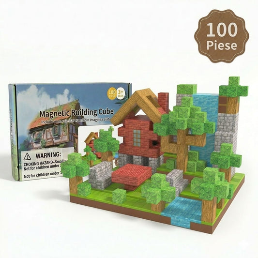 Blocuri Magnetice 100 Piese, STELAMOS, Set De Constructie Cuburi Model Casa si Copaci, Lume Magnetica Pixelata, Cuburi Magnetice 3D Pentru Baieti Si Fete, Jucarii Senzoriale Stem Montessori, Cadou Copii 3+ Ani