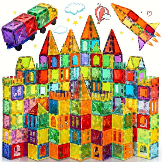 Set Placi Magnetice de Constructie 110 piese, STELAMOS, 5.5cm pentru Copii, include 2 Masinute, Transparente, Suprafata Lucioasa, Sudura Ultrasonica, Joc STEM pentru dezvoltarea abilitatilor motrice si imaginatie, Multicolor, Cadou copii 3+Ani