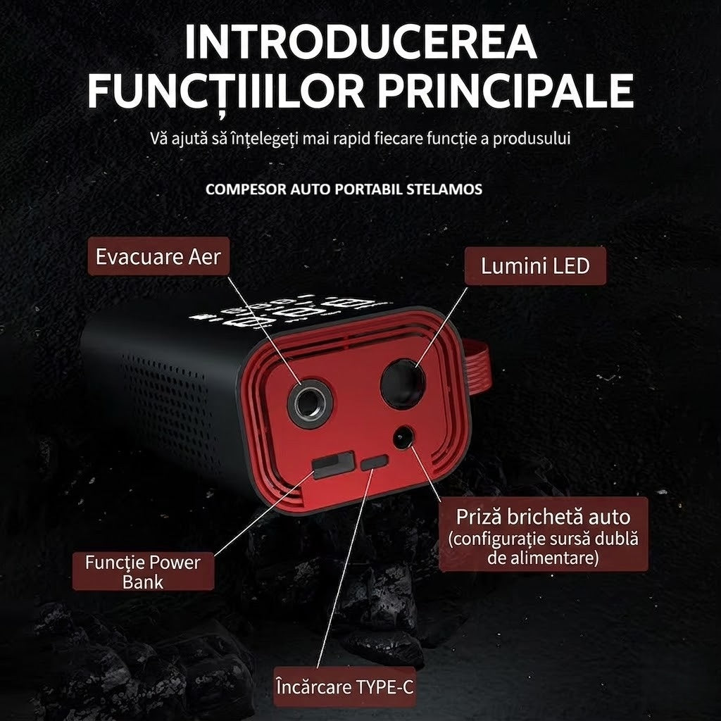 Compresor Auto Portabil STELAMOS 4in1, Digital, Manometru, 150 PSI, Baterie 6000mAh, Incarcare duala USB/Auto, Oprire Automata, Power Bank, Lanterna LED, 35L/min, Pompa Aer, 6 Accesorii, Saculet, pentru Masina, Motocicleta, Bicicleta, Minge, Negru