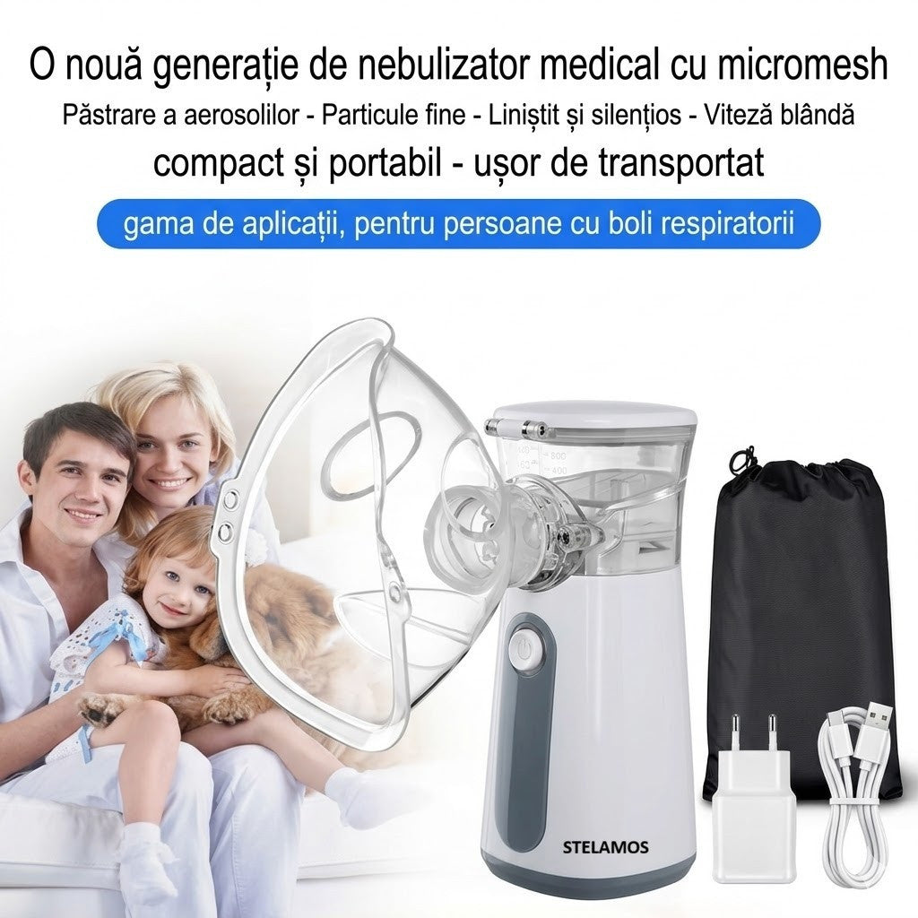 Aparat Aerosoli Portabil STELAMOS, Nebulizator Ultrasonic cu Tehnologie Mesh, Extrem de Silentios, Pachet Complet cu Cablu USB si Adaptor Priza 10W, Saculet Textil Depozitare, 2 Masti Copii/Adulti si Piesa Bucala, Alb
