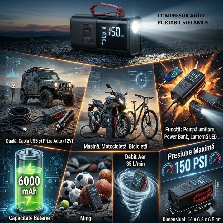 Compresor Auto Portabil STELAMOS 4in1, Digital, Manometru, 150 PSI, Baterie 6000mAh, Incarcare duala USB/Auto, Oprire Automata, Power Bank, Lanterna LED, 35L/min, Pompa Aer, 6 Accesorii, Saculet, pentru Masina, Motocicleta, Bicicleta, Minge, Negru