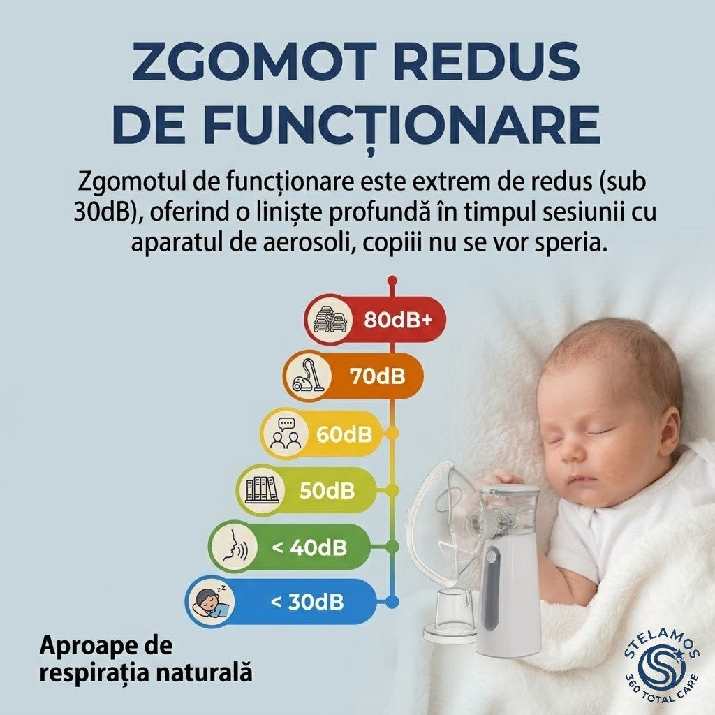 Aparat Aerosoli Portabil STELAMOS, Nebulizator Ultrasonic cu Tehnologie Mesh, Extrem de Silentios, Pachet Complet cu Cablu USB si Adaptor Priza 10W, Saculet Textil Depozitare, 2 Masti Copii/Adulti si Piesa Bucala, Alb