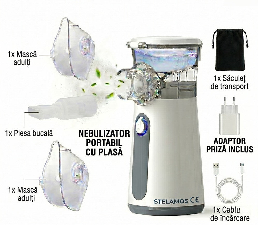 Aparat Aerosoli Portabil STELAMOS, Nebulizator Ultrasonic cu Tehnologie Mesh, Extrem de Silentios, Pachet Complet cu Cablu USB si Adaptor Priza 10W, Saculet Textil Depozitare, 2 Masti Copii/Adulti si Piesa Bucala, Alb