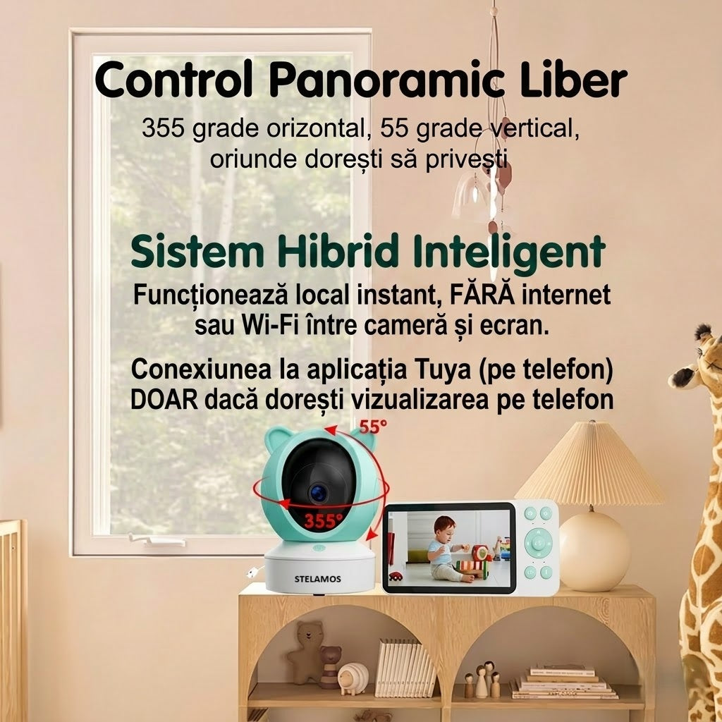 Baby Monitor 2in1 STELAMOS, Multi View, DUO 5", WiFi, Aplicatie Telefon Tuya, Camera Video Bebe, Night Vision, Rotire 355°, 3000mAh, Zoom 4X, Senzori Miscare, Plans, Temperatura, Umiditate, 8 Cantece, Two-Way Audio Bidirectional, Interfon, Apel, Verde/Alb