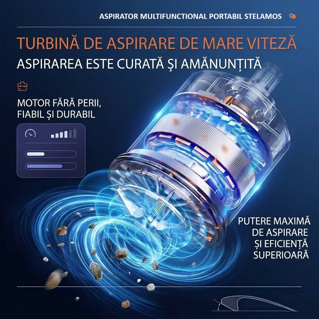 Aspirator de Mana Portabil STELAMOS4 in 1, Wireless, 18000 Pa, Motor Brushless, 100W, 90000 RPM, 3 Viteze, 10 Accesorii, Saculet transport, Suflare, Aspirare, Umflare, Vacuum, Filtru HEPA Autonomie 30 min, Multifunctional pentru Casa, Birou si Auto, Gri