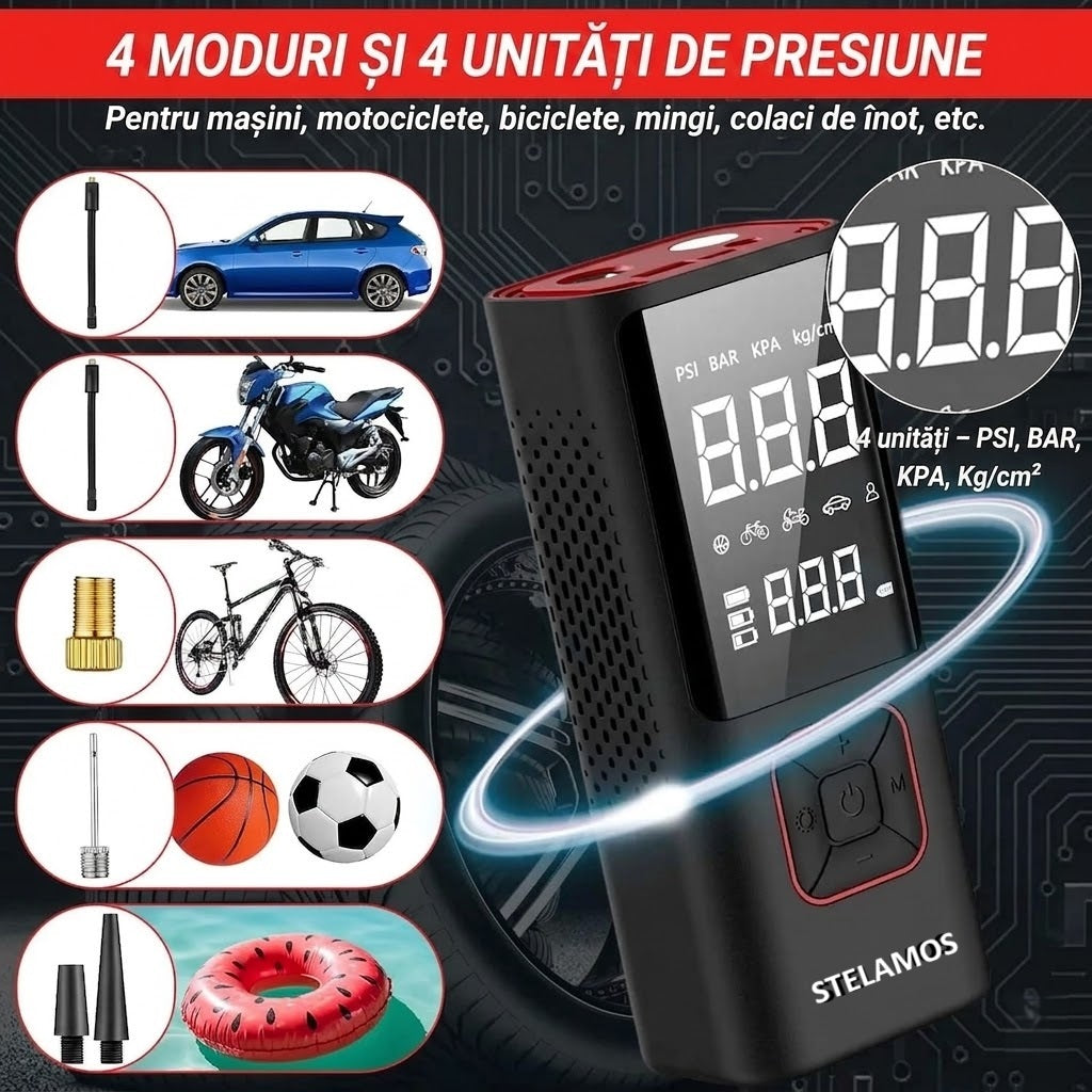 Compresor Auto Portabil STELAMOS 4in1, Digital, Manometru, 150 PSI, Baterie 6000mAh, Incarcare duala USB/Auto, Oprire Automata, Power Bank, Lanterna LED, 35L/min, Pompa Aer, 6 Accesorii, Saculet, pentru Masina, Motocicleta, Bicicleta, Minge, Negru