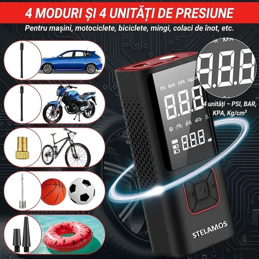Compresor Auto Portabil STELAMOS 4in1, Digital, Manometru, 150 PSI, Baterie 6000mAh, Incarcare duala USB/Auto, Oprire Automata, Power Bank, Lanterna LED, 35L/min, Pompa Aer, 6 Accesorii, Saculet, pentru Masina, Motocicleta, Bicicleta, Minge, Negru