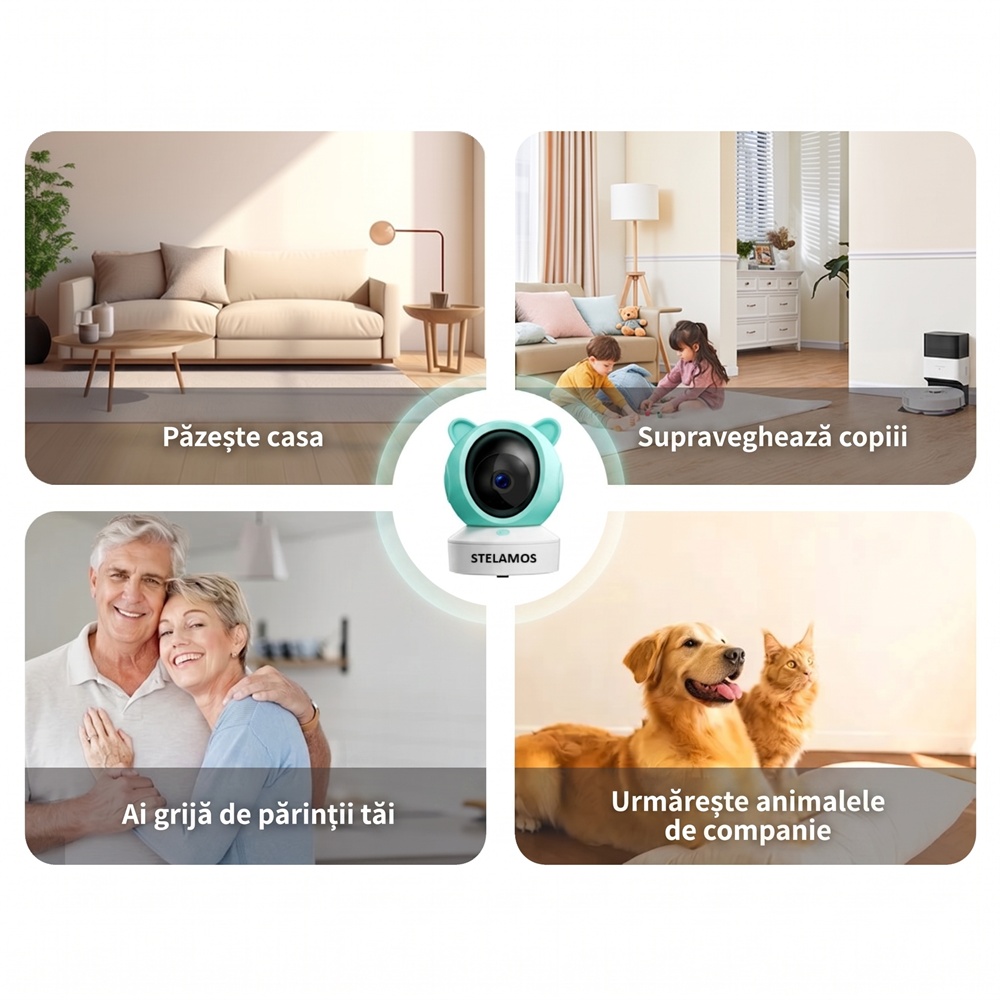 Baby Monitor 2in1 STELAMOS, Multi View, DUO 5", WiFi, Aplicatie Telefon Tuya, Camera Video Bebe, Night Vision, Rotire 355°, 3000mAh, Zoom 4X, Senzori Miscare, Plans, Temperatura, Umiditate, 8 Cantece, Two-Way Audio Bidirectional, Interfon, Apel, Verde/Alb