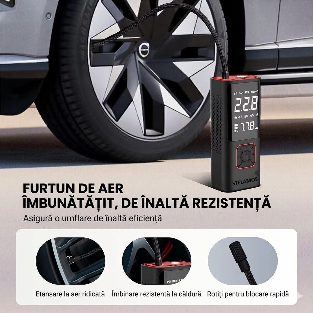 Compresor Auto Portabil STELAMOS 4in1, Digital, Manometru, 150 PSI, Baterie 6000mAh, Incarcare duala USB/Auto, Oprire Automata, Power Bank, Lanterna LED, 35L/min, Pompa Aer, 6 Accesorii, Saculet, pentru Masina, Motocicleta, Bicicleta, Minge, Negru