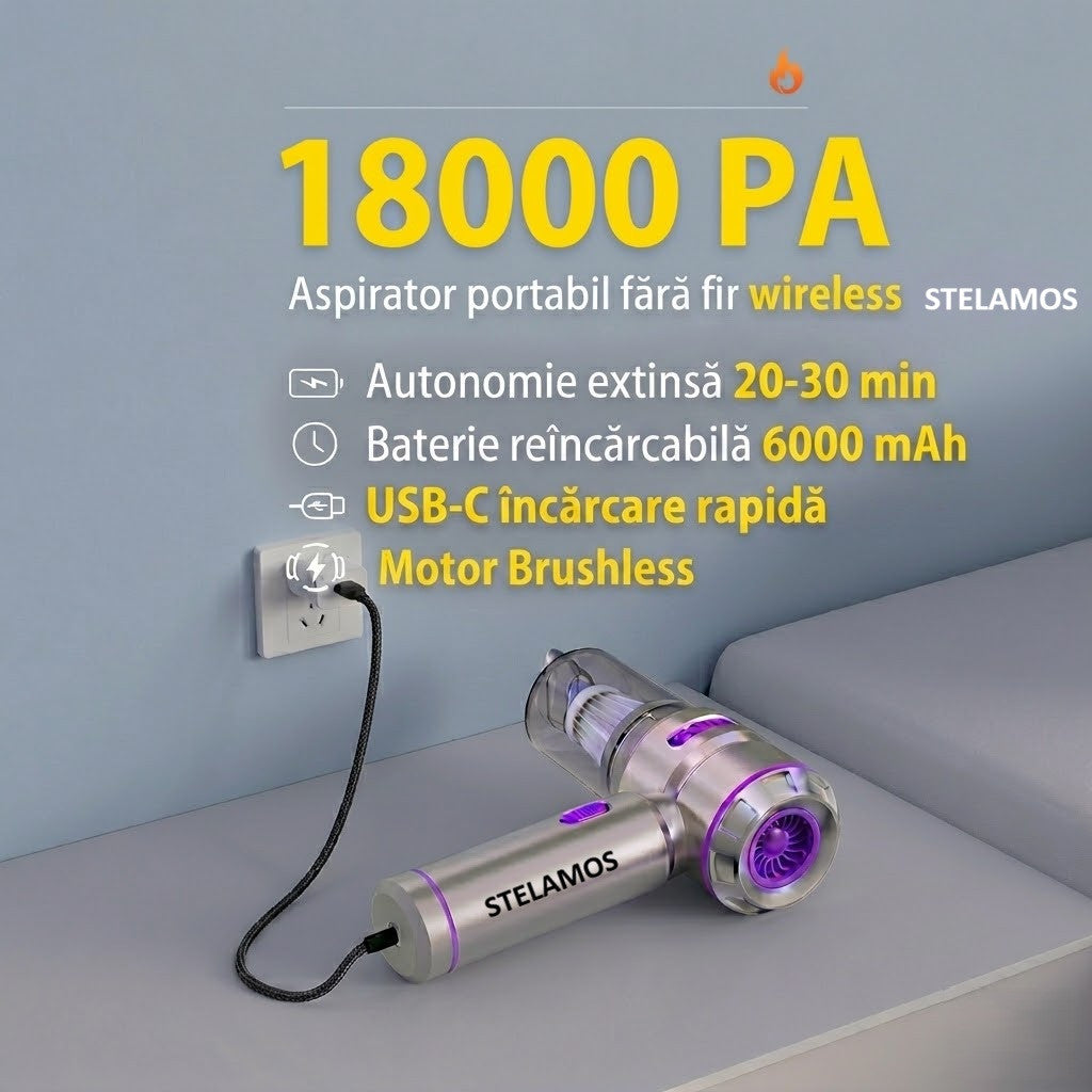 Aspirator de Mana Portabil STELAMOS4 in 1, Wireless, 18000 Pa, Motor Brushless, 100W, 90000 RPM, 3 Viteze, 10 Accesorii, Saculet transport, Suflare, Aspirare, Umflare, Vacuum, Filtru HEPA Autonomie 30 min, Multifunctional pentru Casa, Birou si Auto, Gri