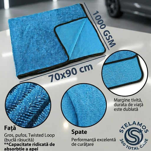 Prosop Uscare Auto Premium STELAMOS, Microfibra Twisted Loop, Super Absorbant, 70x90 cm, 1000 GSM, Fara Zgarieturi, Uscare Rapida, Albastru