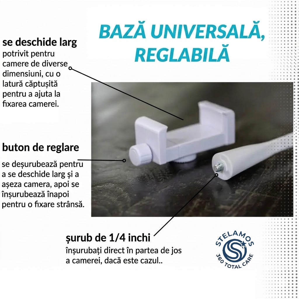 Suport Universal Flexibil pentru Camera Supraveghere, Baby Monitor, Webcam sau Telefon, Reglabil 360°, 42 cm, Montare pe Patut, Birou sau Carucior, Antiderapant, Fara Gaurire, Alb