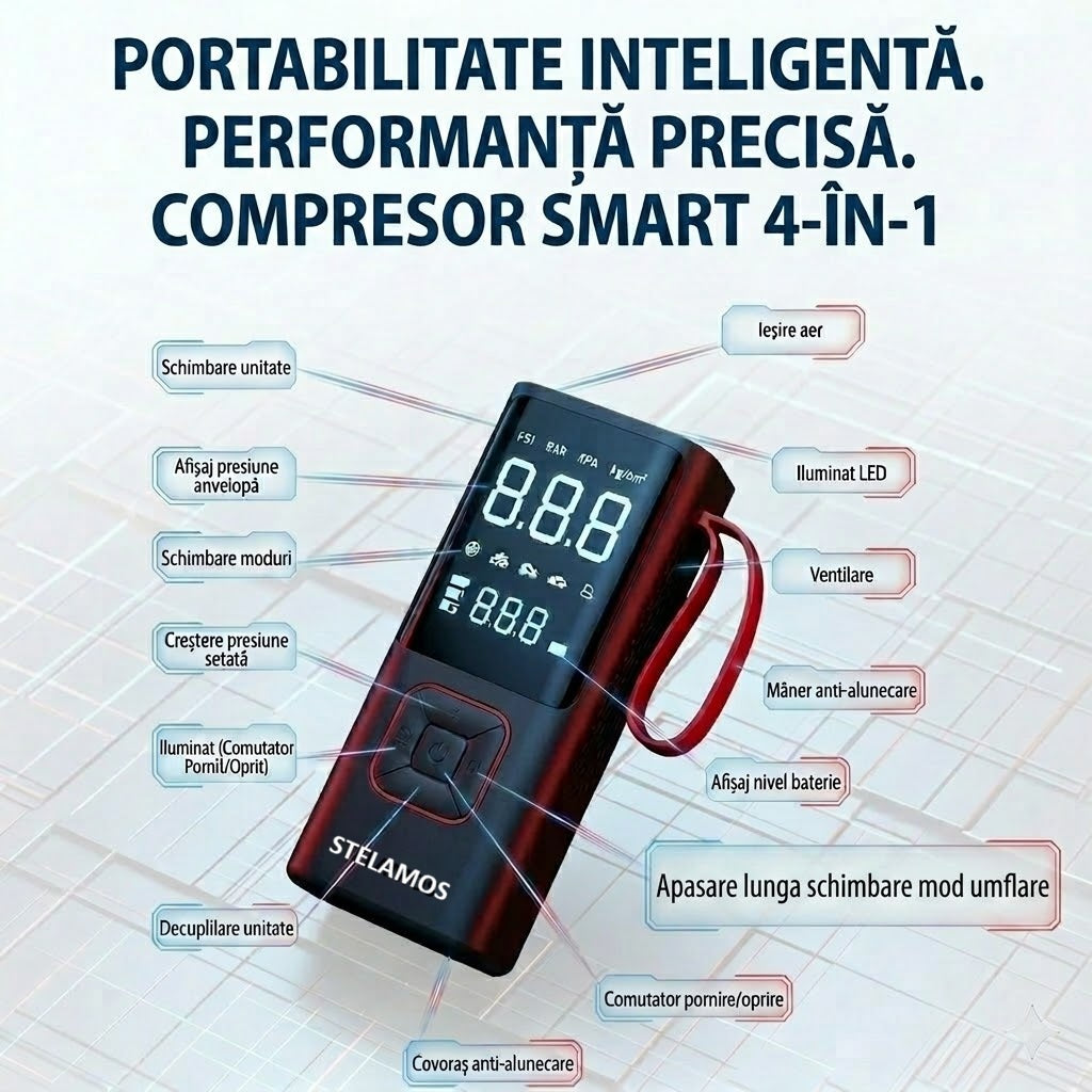 Compresor Auto Portabil STELAMOS 4in1, Digital, Manometru, 150 PSI, Baterie 6000mAh, Incarcare duala USB/Auto, Oprire Automata, Power Bank, Lanterna LED, 35L/min, Pompa Aer, 6 Accesorii, Saculet, pentru Masina, Motocicleta, Bicicleta, Minge, Negru