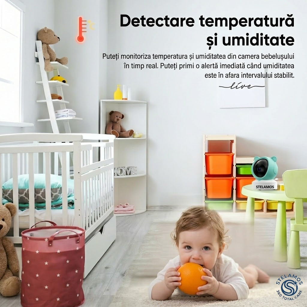 Baby Monitor 2in1 STELAMOS, Multi View, DUO 5", WiFi, Aplicatie Telefon Tuya, Camera Video Bebe, Night Vision, Rotire 355°, 3000mAh, Zoom 4X, Senzori Miscare, Plans, Temperatura, Umiditate, 8 Cantece, Two-Way Audio Bidirectional, Interfon, Apel, Verde/Alb