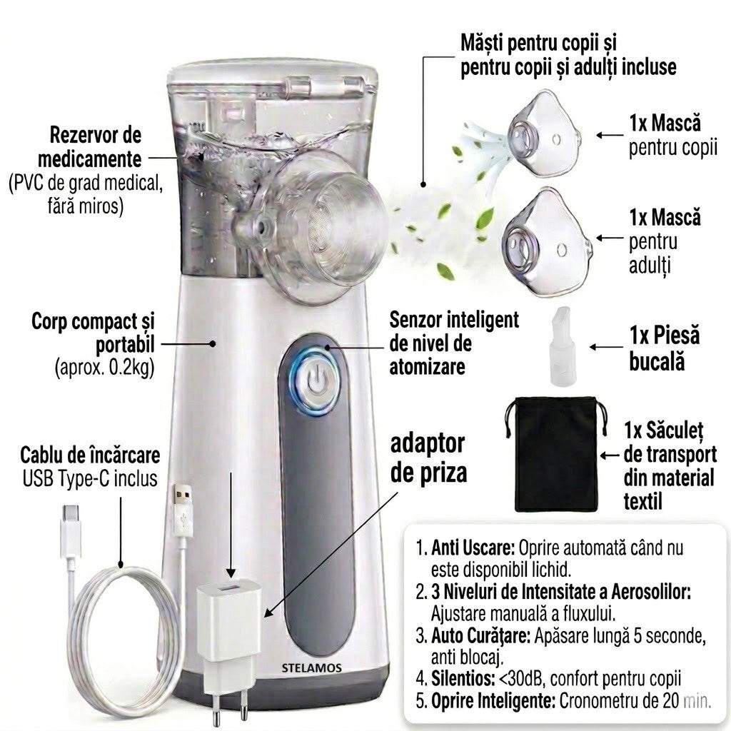 Aparat Aerosoli Portabil STELAMOS, Nebulizator Ultrasonic cu Tehnologie Mesh, Extrem de Silentios, Pachet Complet cu Cablu USB si Adaptor Priza 10W, Saculet Textil Depozitare, 2 Masti Copii/Adulti si Piesa Bucala, Alb