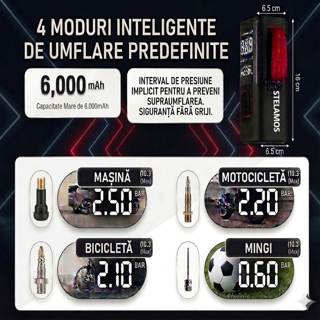 Compresor Auto Portabil STELAMOS 4in1, Digital, Manometru, 150 PSI, Baterie 6000mAh, Incarcare duala USB/Auto, Oprire Automata, Power Bank, Lanterna LED, 35L/min, Pompa Aer, 6 Accesorii, Saculet, pentru Masina, Motocicleta, Bicicleta, Minge, Negru