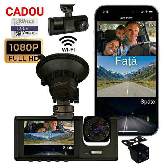 Camera Auto DVR Tripla STELAMOS, 3 Canale, Card 128GB Cadou, Wi-Fi, Aplicatie Viidure, Display IPS, Camera Spate, Habitaclu, Senzor G, Viziune Nocturna, Monitorizare Parcare (Necesita kit optional)