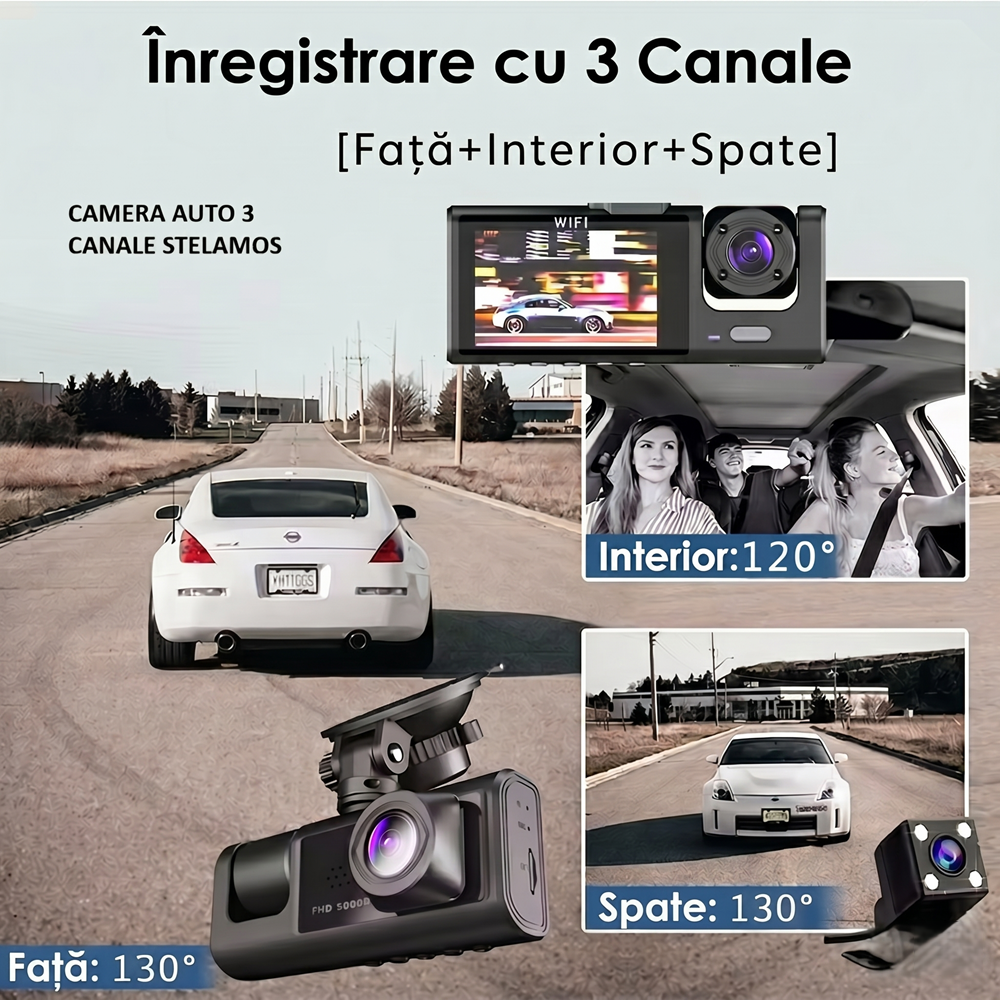 Camera Auto DVR Tripla STELAMOS, 3 Canale, Wi-Fi, Aplicatie Viidure, Display IPS, Camera Spate/Habitaclu, Senzor G, Viziune Nocturna, Monitorizare Parcare (Necesita kit optional)