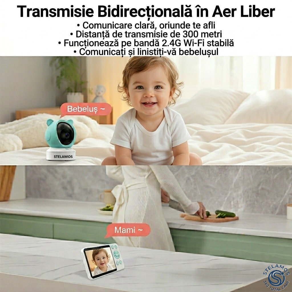 Baby Monitor 2in1 STELAMOS, Multi View, DUO 5", WiFi, Aplicatie Telefon Tuya, Camera Video Bebe, Night Vision, Rotire 355°, 3000mAh, Zoom 4X, Senzori Miscare, Plans, Temperatura, Umiditate, 8 Cantece, Two-Way Audio Bidirectional, Interfon, Apel, Verde/Alb