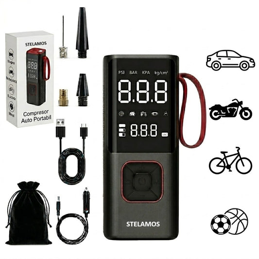 Compresor Auto Portabil STELAMOS 4in1, Digital, Manometru, 150 PSI, Baterie 6000mAh, Incarcare duala USB/Auto, Oprire Automata, Power Bank, Lanterna LED, 35L/min, Pompa Aer, 6 Accesorii, Saculet, pentru Masina, Motocicleta, Bicicleta, Minge, Negru