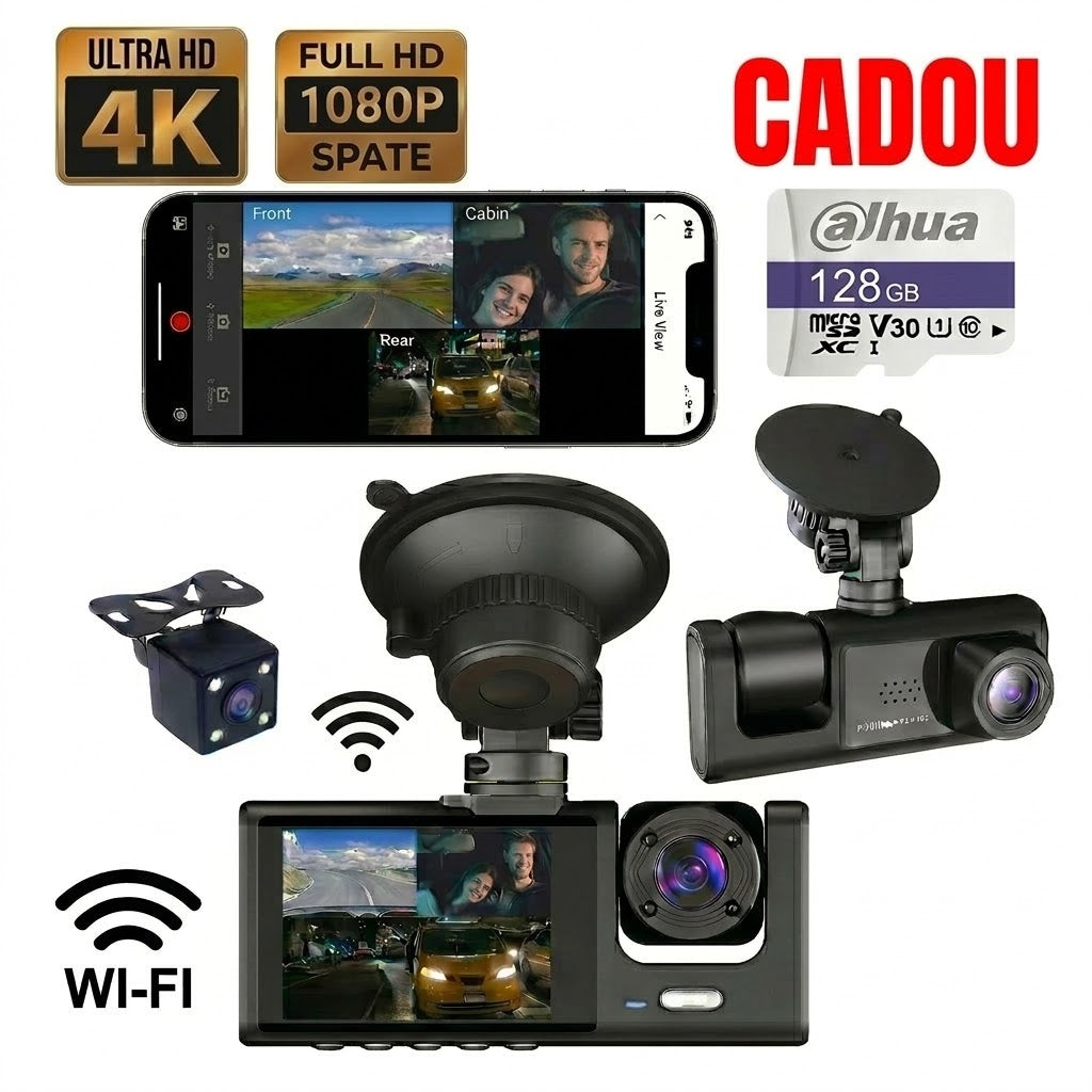 Camera Auto DVR Tripla STELAMOS, 3 Canale, Card 128GB Cadou, Wi-Fi, Aplicatie Viidure, Display IPS, Camera Spate, Habitaclu, Senzor G, Viziune Nocturna, Monitorizare Parcare (Necesita kit optional)