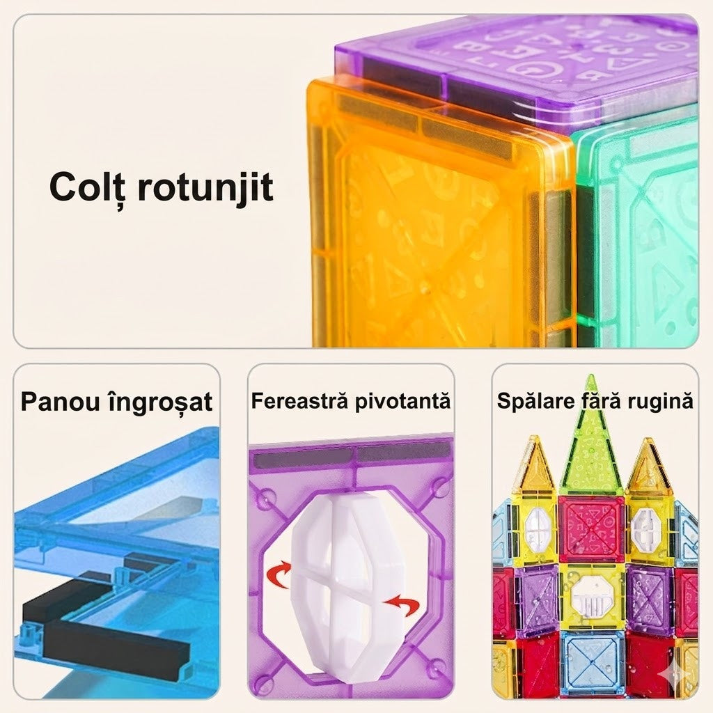 Set Placi Magnetice de Constructie 110 piese, STELAMOS, 5.5cm pentru Copii, include 2 Masinute, Transparente, Suprafata Lucioasa, Sudura Ultrasonica, Joc STEM pentru dezvoltarea abilitatilor motrice si imaginatie, Multicolor, Cadou copii 3+Ani