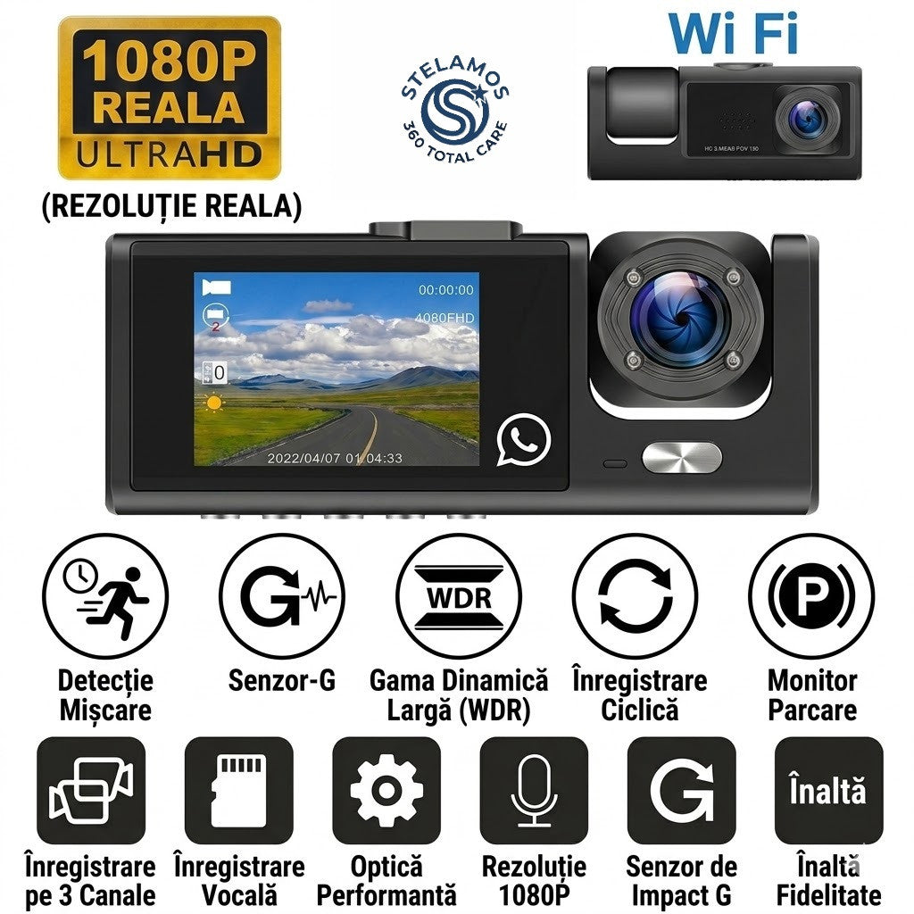 Camera Auto DVR Tripla STELAMOS, 3 Canale, Card 128GB Cadou, Wi-Fi, Aplicatie Viidure, Display IPS, Camera Spate, Habitaclu, Senzor G, Viziune Nocturna, Monitorizare Parcare (Necesita kit optional)