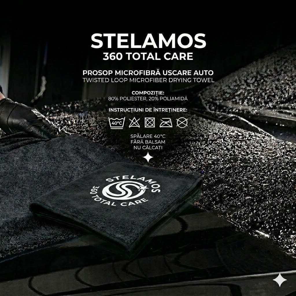 Prosop Uscare Auto Premium STELAMOS, Microfibra Twisted Loop, Super Absorbant, 70x90 cm, 1000 GSM, Fara Zgarieturi, Uscare Rapida, Negru