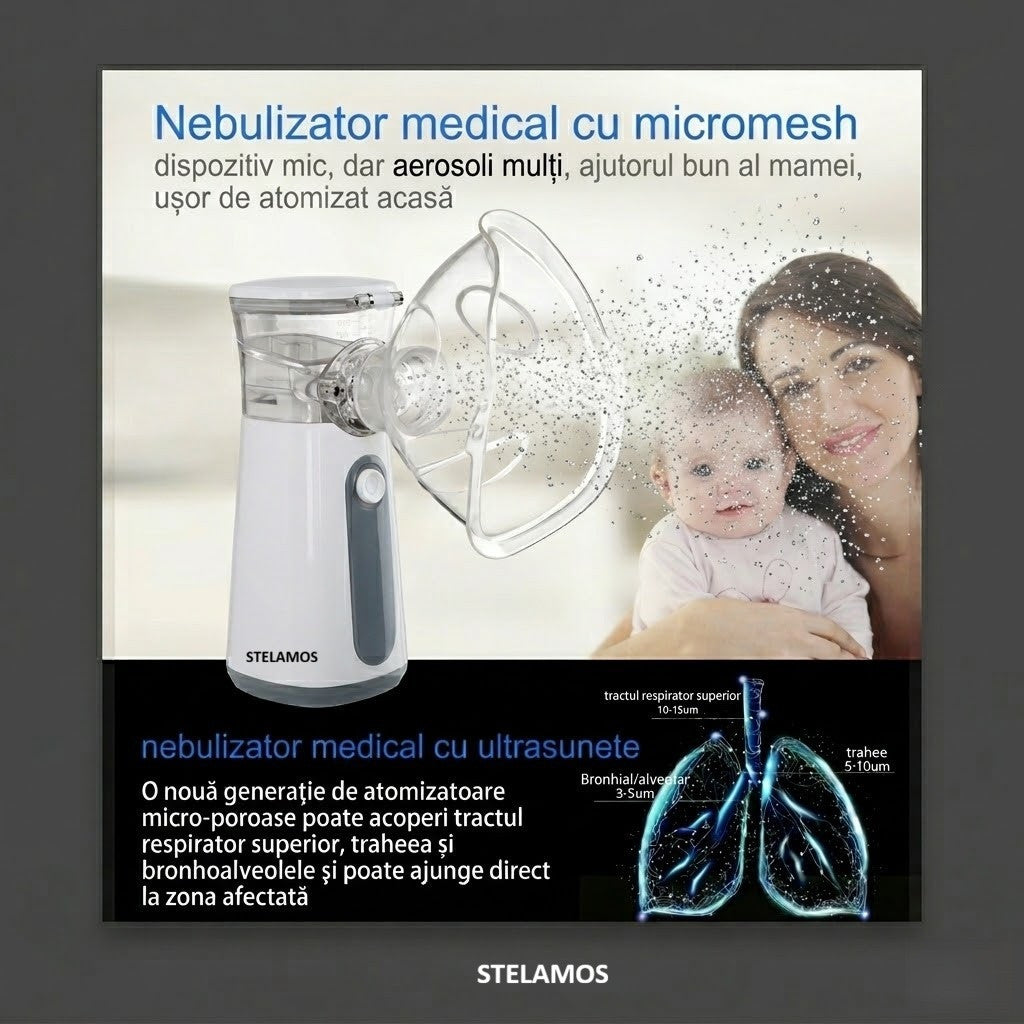 Aparat Aerosoli Portabil STELAMOS, Nebulizator Ultrasonic cu Tehnologie Mesh, Extrem de Silentios, Pachet Complet cu Cablu USB si Adaptor Priza 10W, Saculet Textil Depozitare, 2 Masti Copii/Adulti si Piesa Bucala, Alb