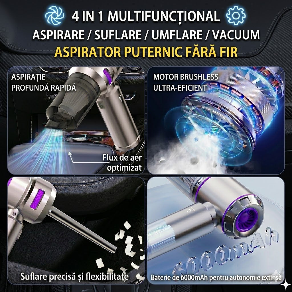 Aspirator de Mana Portabil STELAMOS 4 in 1, Wireless, 18000 Pa, Motor Brushless, 100W, 90000 RPM, 3 Viteze, 10 Accesorii, Saculet, Laveta Cadou, Aspirare, Umflare, Vacuum, Filtru HEPA Autonomie 30 min, Multifunctional pentru Casa, Birou si Auto, Gri