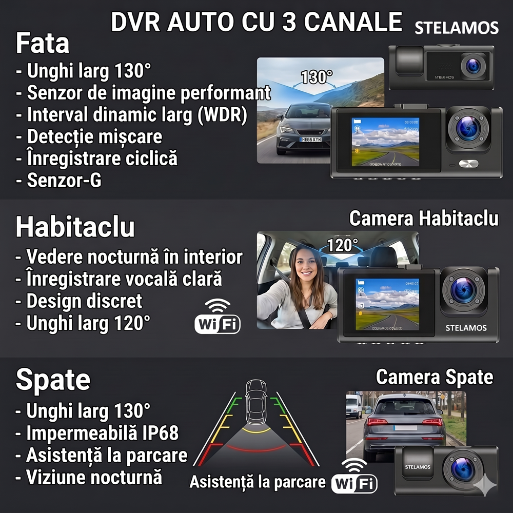 Camera Auto DVR Tripla STELAMOS, 3 Canale, Card 128GB Cadou, Wi-Fi, Aplicatie Viidure, Display IPS, Camera Spate, Habitaclu, Senzor G, Viziune Nocturna, Monitorizare Parcare (Necesita kit optional)