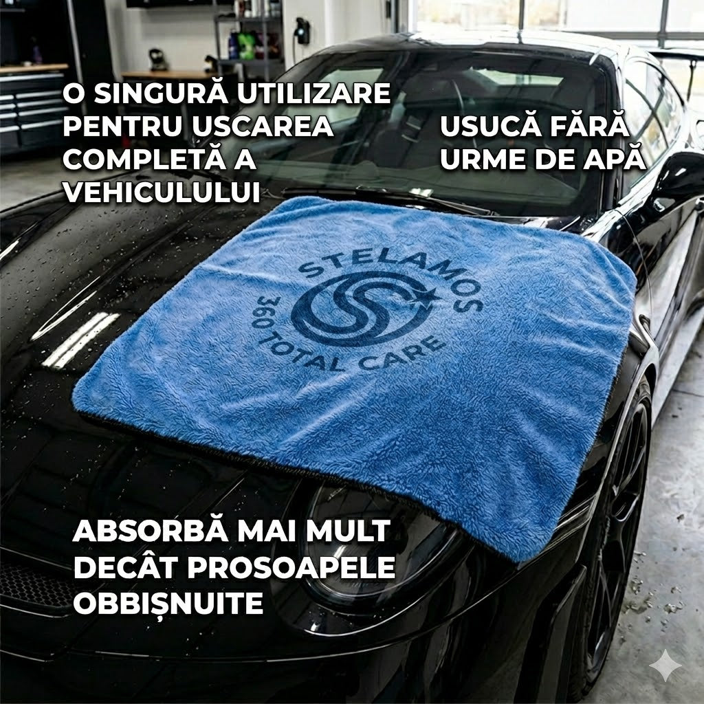 Prosop Uscare Auto Premium STELAMOS, Microfibra Twisted Loop, Super Absorbant, 70x90 cm, 1000 GSM, Fara Zgarieturi, Uscare Rapida, Albastru
