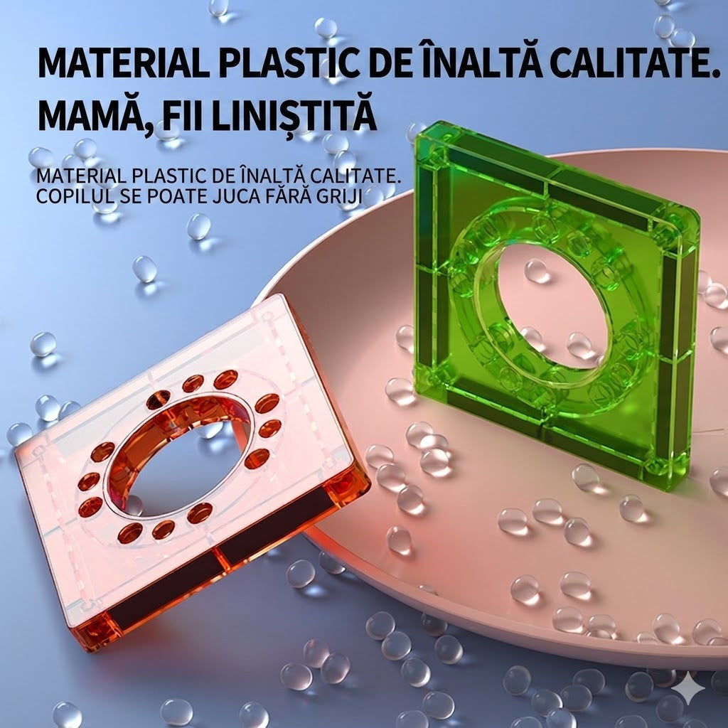 Set Placi Magnetice de Constructie 110 piese, STELAMOS, 5.5cm pentru Copii, include 2 Masinute, Transparente, Suprafata Lucioasa, Sudura Ultrasonica, Joc STEM pentru dezvoltarea abilitatilor motrice si imaginatie, Multicolor, Cadou copii 3+Ani