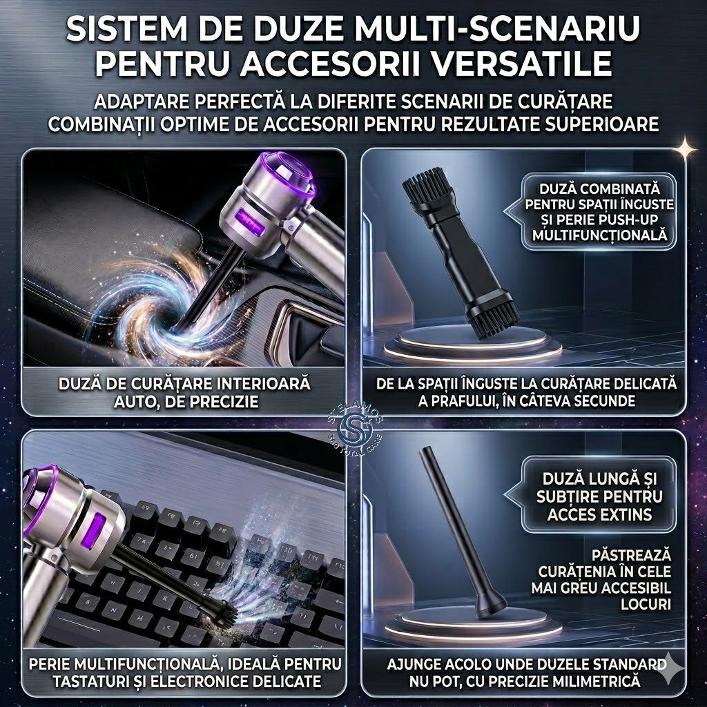 Aspirator de Mana Portabil STELAMOS4 in 1, Wireless, 18000 Pa, Motor Brushless, 100W, 90000 RPM, 3 Viteze, 10 Accesorii, Saculet transport, Suflare, Aspirare, Umflare, Vacuum, Filtru HEPA Autonomie 30 min, Multifunctional pentru Casa, Birou si Auto, Gri