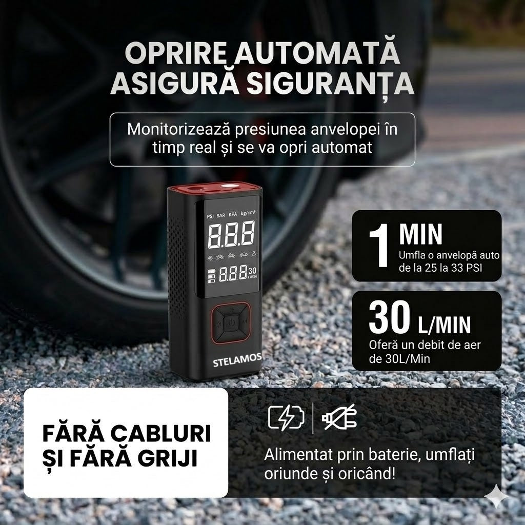 Compresor Auto Portabil STELAMOS 4in1, Digital, Manometru, 150 PSI, Baterie 6000mAh, Incarcare duala USB/Auto, Oprire Automata, Power Bank, Lanterna LED, 35L/min, Pompa Aer, 6 Accesorii, Saculet, pentru Masina, Motocicleta, Bicicleta, Minge, Negru