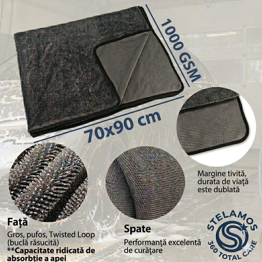 Prosop Uscare Auto Premium STELAMOS, Microfibra Twisted Loop, Super Absorbant, 70x90 cm, 1000 GSM, Fara Zgarieturi, Uscare Rapida, Gri