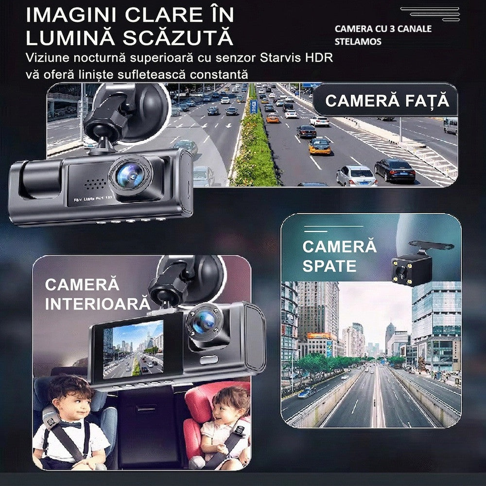 Camera Auto DVR Tripla STELAMOS, 3 Canale, Wi-Fi, Aplicatie Viidure, Display IPS, Camera Spate/Habitaclu, Senzor G, Viziune Nocturna, Monitorizare Parcare (Necesita kit optional)