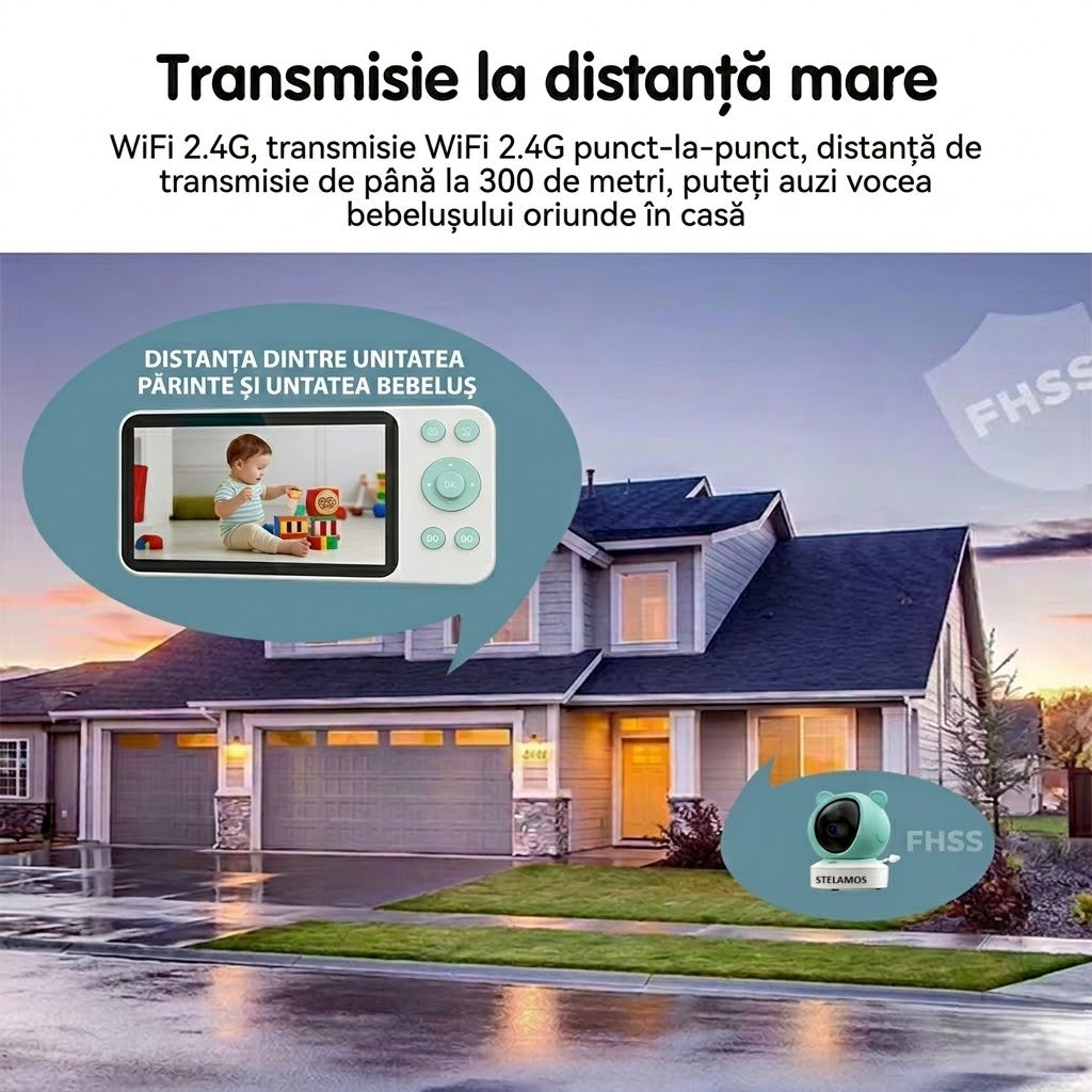 Baby Monitor 2in1 STELAMOS, Multi View, DUO 5", WiFi, Aplicatie Telefon Tuya, Camera Video Bebe, Night Vision, Rotire 355°, 3000mAh, Zoom 4X, Senzori Miscare, Plans, Temperatura, Umiditate, 8 Cantece, Two-Way Audio Bidirectional, Interfon, Apel, Verde/Alb