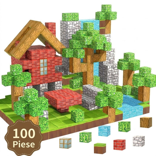 Blocuri Magnetice 100 Piese, STELAMOS, Set De Constructie Cuburi Model Casa si Copaci, Lume Magnetica Pixelata, Cuburi Magnetice 3D Pentru Baieti Si Fete, Jucarii Senzoriale Stem Montessori, Cadou Copii 3+ Ani