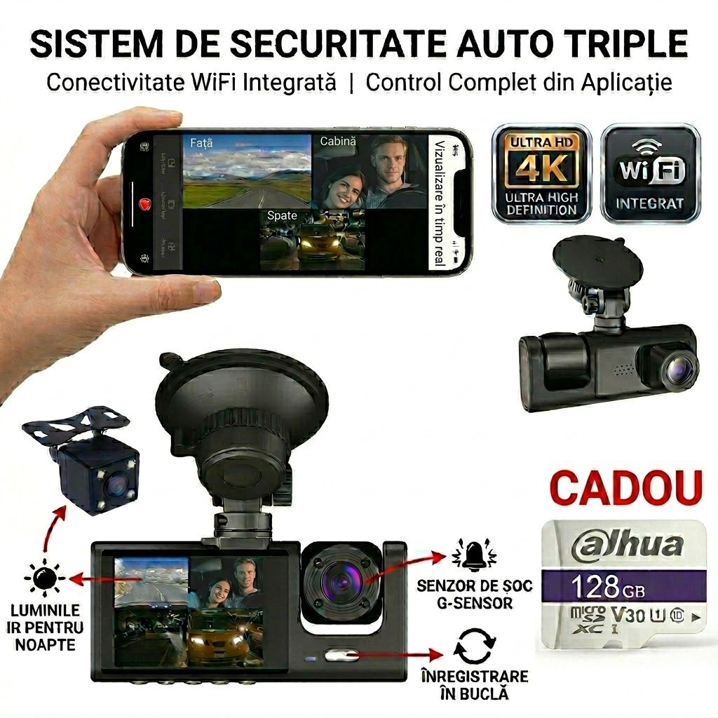 Camera Auto DVR Tripla STELAMOS, 3 Canale, Card 128GB Cadou, Wi-Fi, Aplicatie Viidure, Display IPS, Camera Spate, Habitaclu, Senzor G, Viziune Nocturna, Monitorizare Parcare (Necesita kit optional)