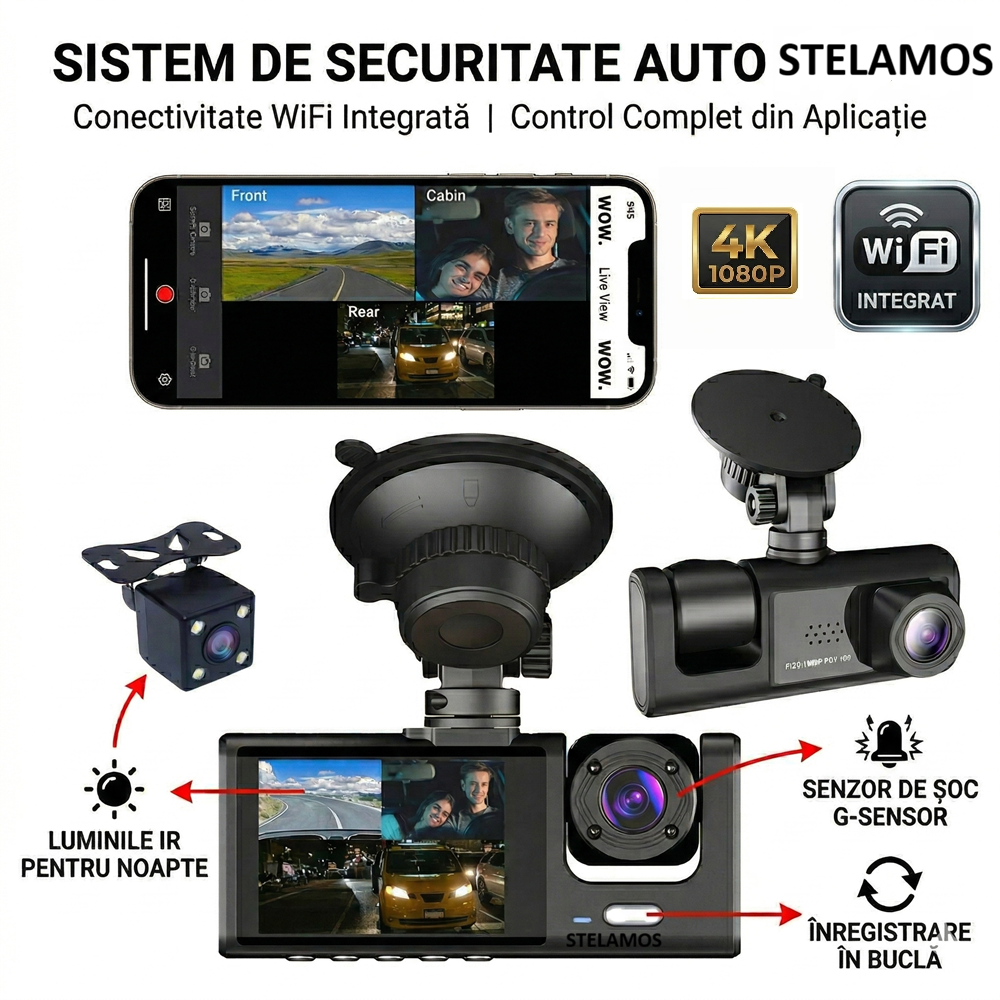 Camera Auto DVR Tripla STELAMOS, 3 Canale, Wi-Fi, Aplicatie Viidure, Display IPS, Camera Spate/Habitaclu, Senzor G, Viziune Nocturna, Monitorizare Parcare (Necesita kit optional)