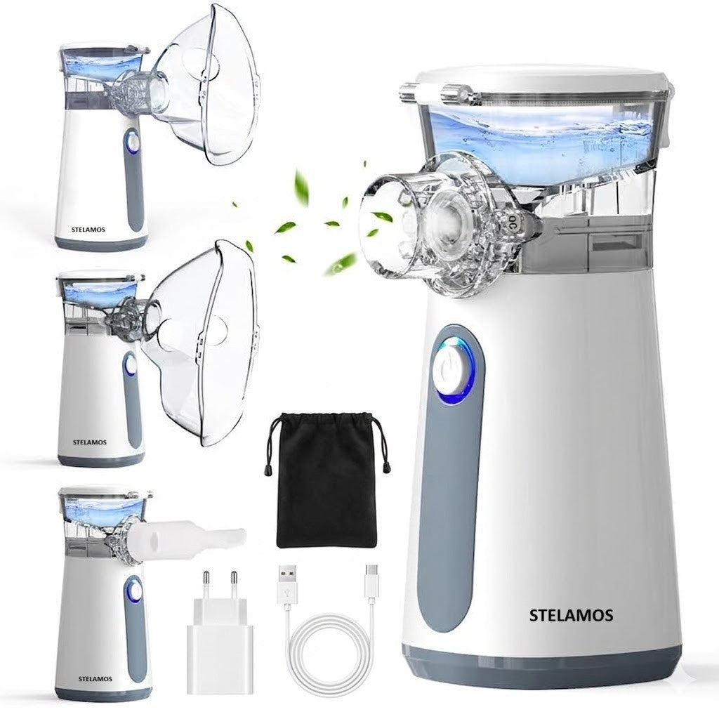 Aparat Aerosoli Portabil STELAMOS, Nebulizator Ultrasonic cu Tehnologie Mesh, Extrem de Silentios, Pachet Complet cu Cablu USB si Adaptor Priza 10W, Saculet Textil Depozitare, 2 Masti Copii/Adulti si Piesa Bucala, Alb