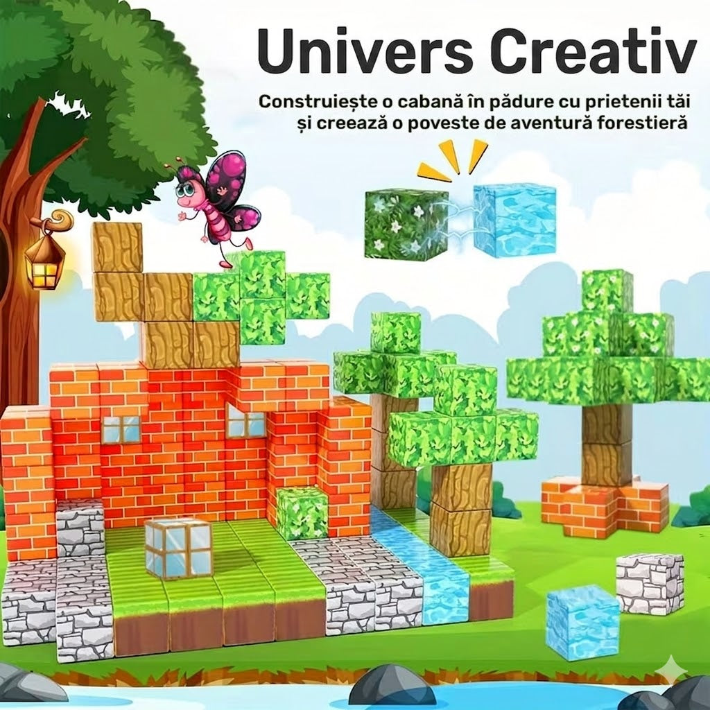 Blocuri Magnetice 100 Piese, STELAMOS, Set De Constructie Cuburi Model Casa si Copaci, Lume Magnetica Pixelata, Cuburi Magnetice 3D Pentru Baieti Si Fete, Jucarii Senzoriale Stem Montessori, Cadou Copii 3+ Ani