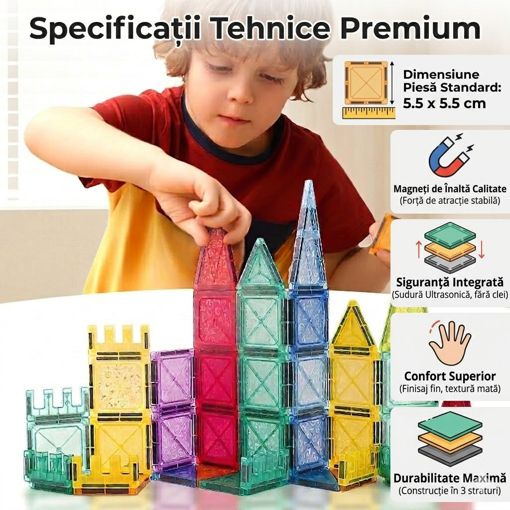 Set Placi Magnetice de Constructie 110 piese, STELAMOS, 5.5cm pentru Copii, include 2 Masinute, Transparente, Suprafata Lucioasa, Sudura Ultrasonica, Joc STEM pentru dezvoltarea abilitatilor motrice si imaginatie, Multicolor, Cadou copii 3+Ani