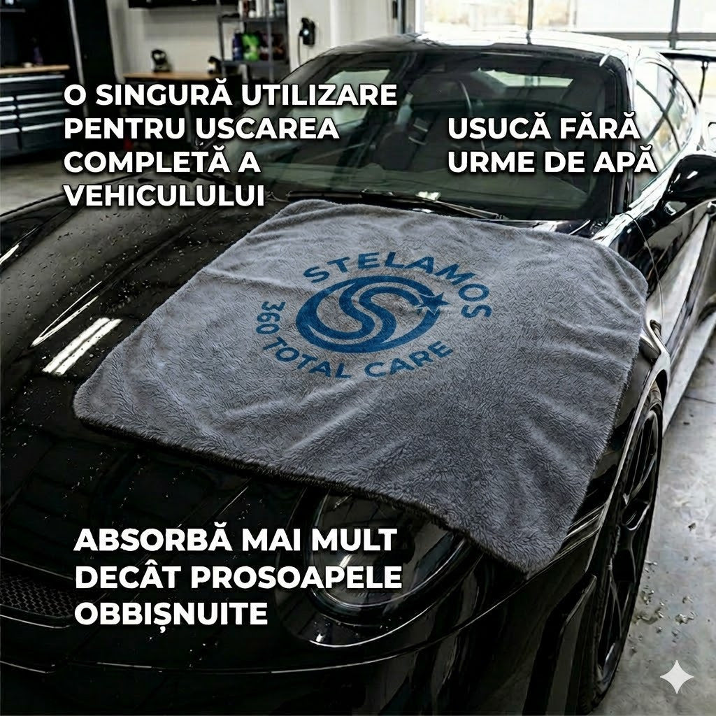 Prosop Uscare Auto Premium STELAMOS, Microfibra Twisted Loop, Super Absorbant, 70x90 cm, 1000 GSM, Fara Zgarieturi, Uscare Rapida, Gri